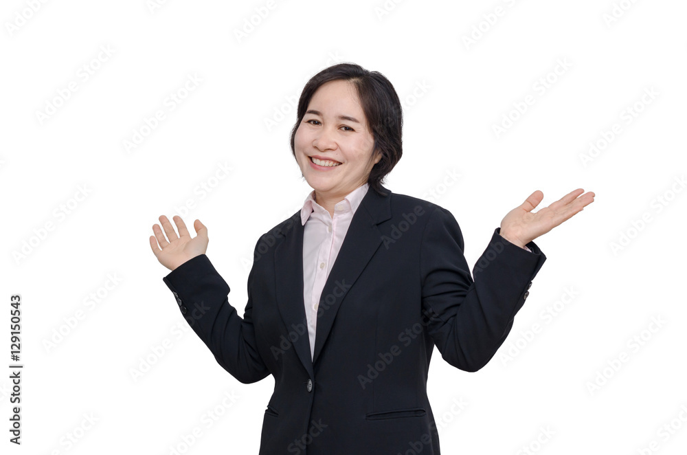 Middle aged asian woman smiles over white background Middle aged asian woman smiles over white background