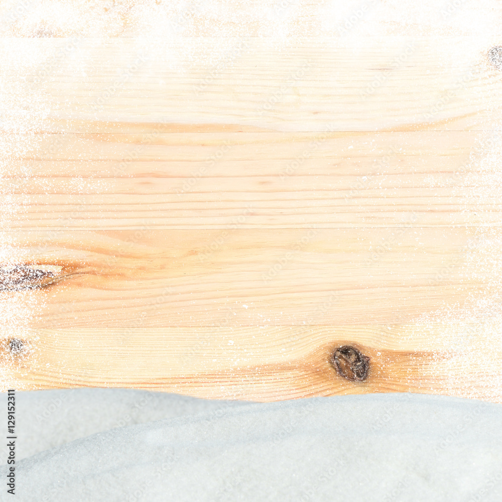Fototapeta premium Christmas pine wooden background with snowfall and snowdrift. View with copy space