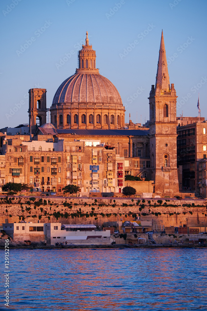 The evening view of The Basilica of Our Lady of Mount Carmel, Valletta, Malta