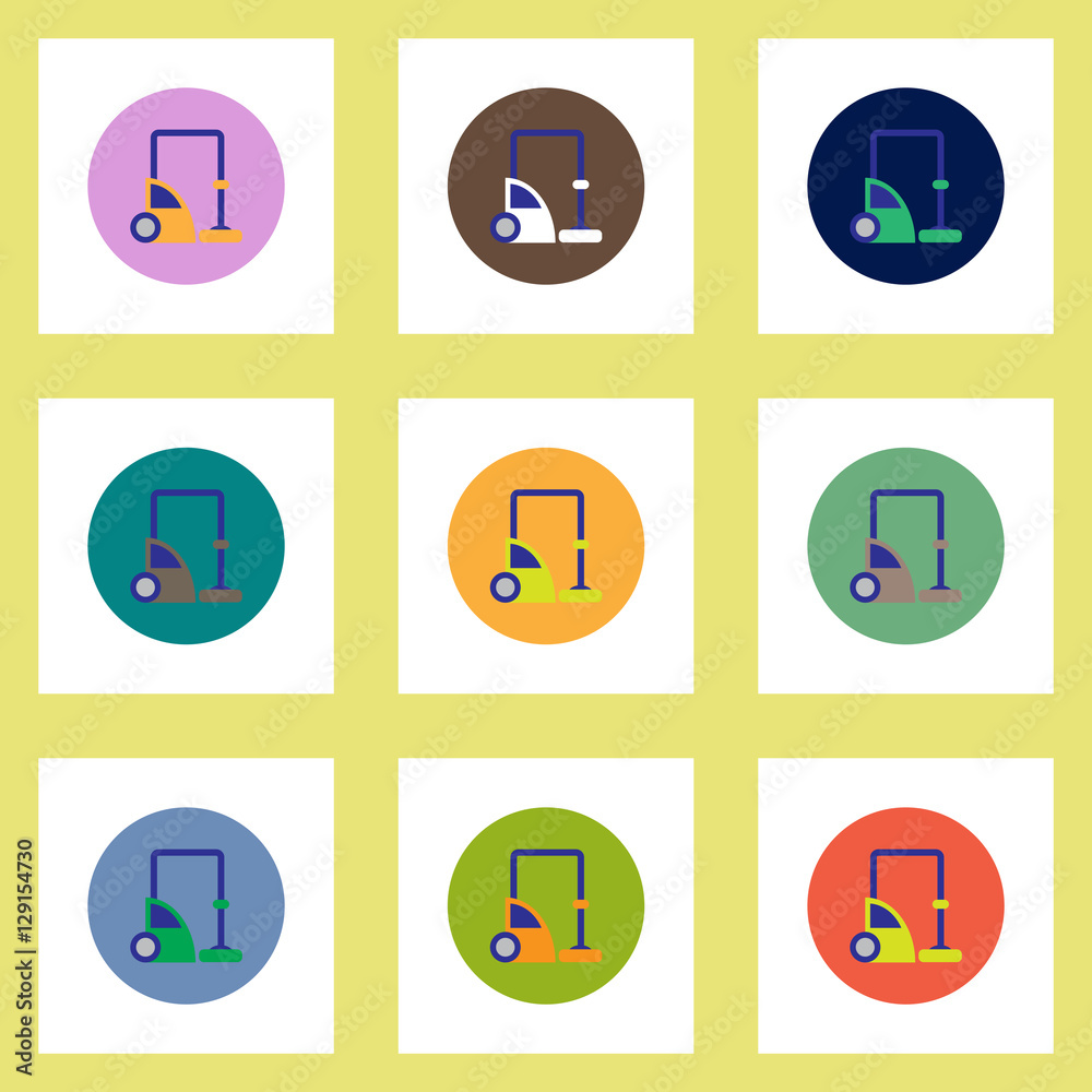 Collection of stylish vector icons in colorful circles vacuum cleaner