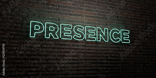 PRESENCE -Realistic Neon Sign on Brick Wall background - 3D rendered royalty free stock image. Can be used for online banner ads and direct mailers..