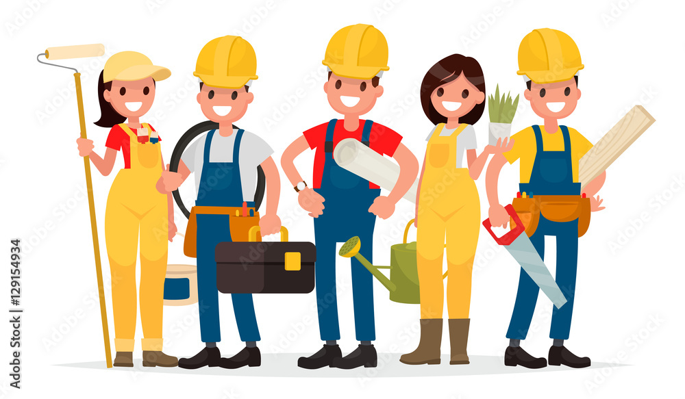 Team of workers are building a house. Foreman, painter, electric Team of workers are building a house. Foreman, painter, electric