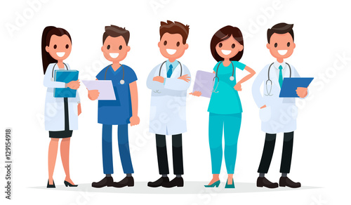 Team doctors on a white background. Vector illustration in a fla