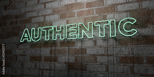 AUTHENTIC - Glowing Neon Sign on stonework wall - 3D rendered royalty free stock illustration.  Can be used for online banner ads and direct mailers..