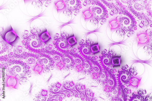 Abstract intricate swirly ornament on white background.Fantasy fractal design in bright pink and purple colors.