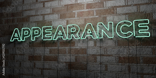Foto APPEARANCE - Glowing Neon Sign on stonework wall - 3D rendered royalty free stock illustration