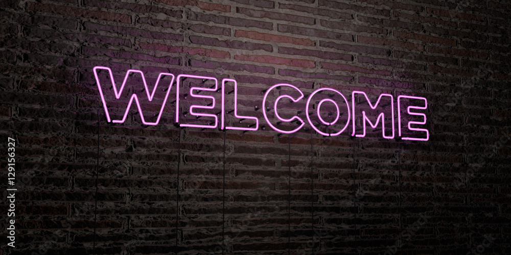 WELCOME -Realistic Neon Sign on Brick Wall background - 3D rendered
