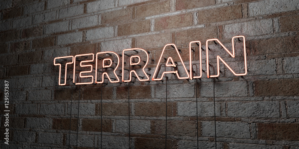 Naklejka premium TERRAIN - Glowing Neon Sign on stonework wall - 3D rendered royalty free stock illustration. Can be used for online banner ads and direct mailers..