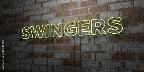 SWINGERS - Glowing Neon Sign on stonework wall - 3D rendered royalty free stock illustration.  Can be used for online banner ads and direct mailers.. photo