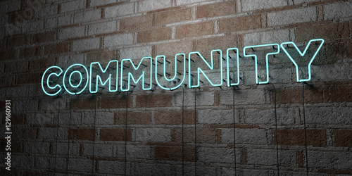 COMMUNITY - Glowing Neon Sign on stonework wall - 3D rendered royalty free stock illustration. Can be used for online banner ads and direct mailers..
