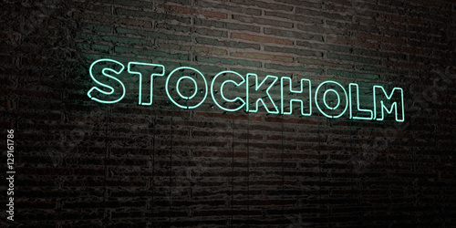 Photography STOCKHOLM -Realistic Neon Sign on Brick Wall background - 3D rendered royalty free stock image