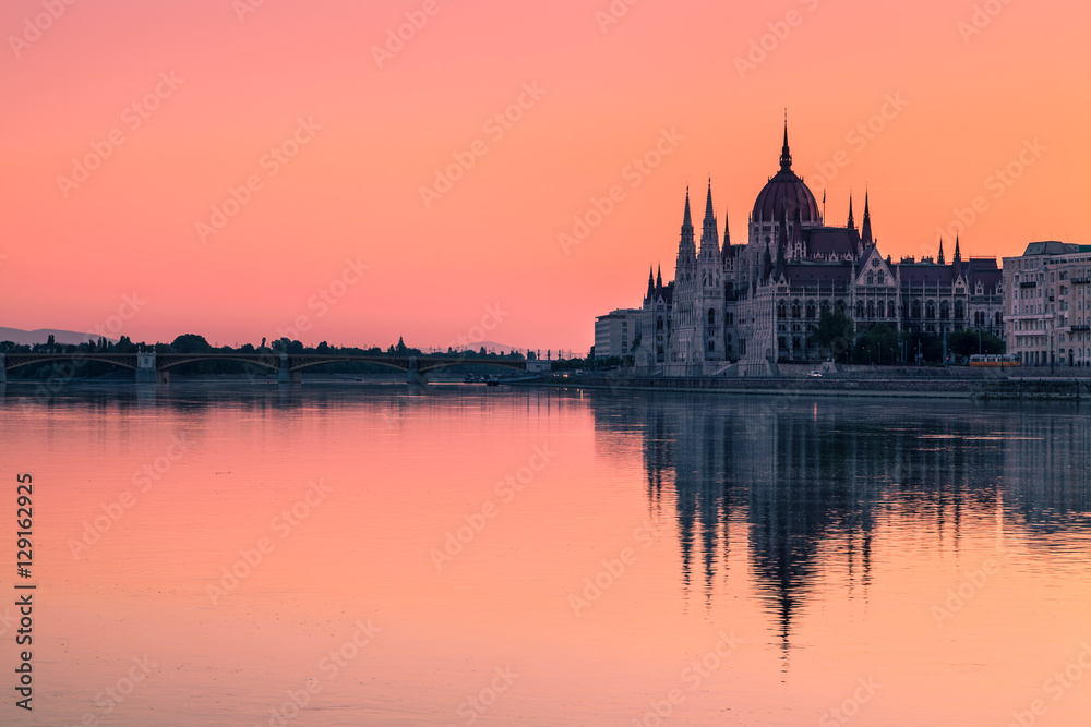 The Parliament Building in Budapest and the Danube at Dawn, Hungary