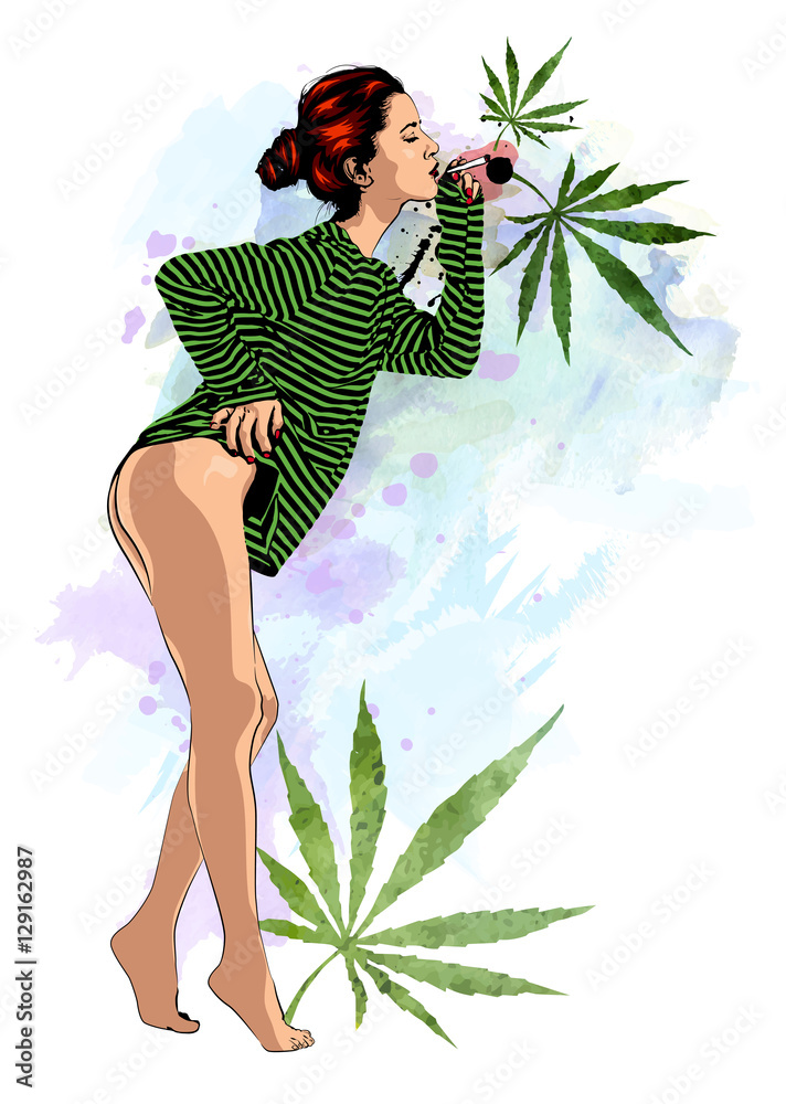 Woman naked legs smoke marijuana. Vector image. Strip t-shirt. Cannabis  leafs. Watercolor and ink drops on background Stock Vector | Adobe Stock