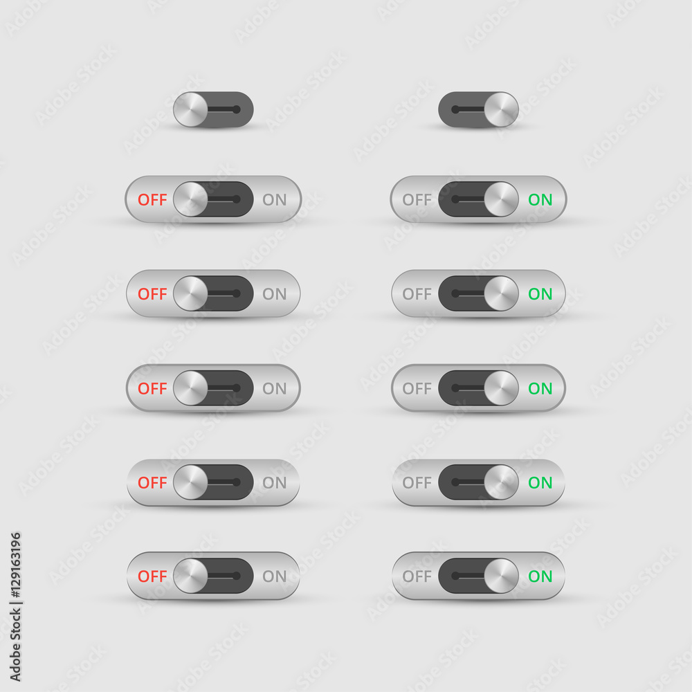 Set of metal toggle switch icons. Switch buttons. On and Off pos Stock