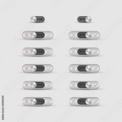 Set of metal toggle switch icons. Switch buttons. On and Off pos
