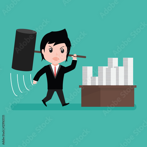 Businessman furious frustrated hitting papers with cartoon .
