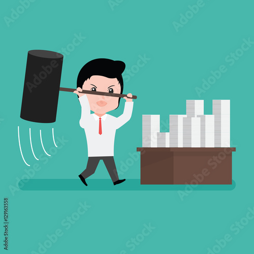 Businessman furious frustrated hitting papers with cartoon .