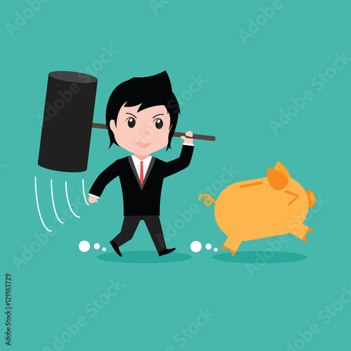 Businessman try to brake piggy bank, cartoon