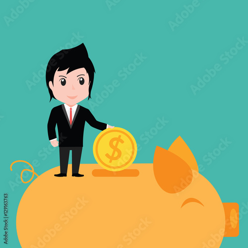 Businessman putting coin into piggy bank, cartoon