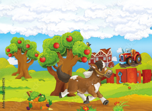 Fototapeta Naklejka Na Ścianę i Meble -  Cartoon farm happy scene with running horse - illustration for children
