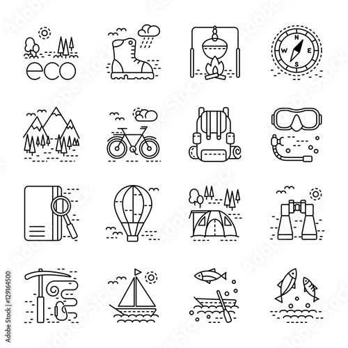 Eco tourism icons set on white background.