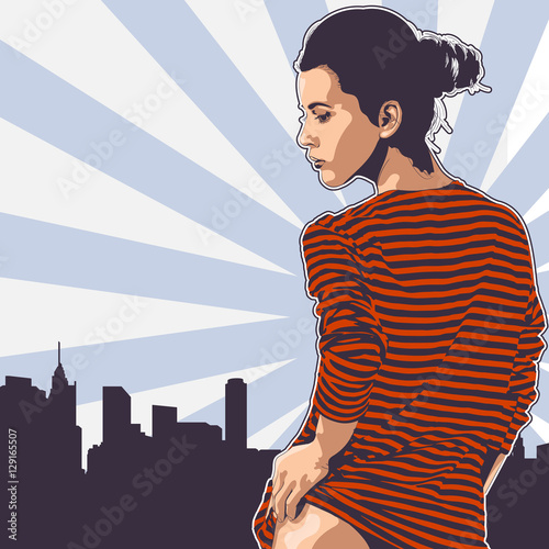 Beauty woman strip t-shirt. Cityscape on the backdrop. Vector image.