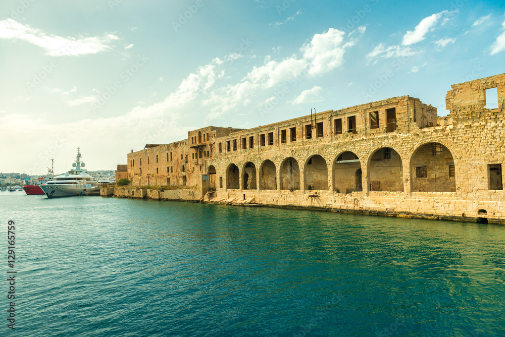 great view of Maltese fort wall with arches in Valletta