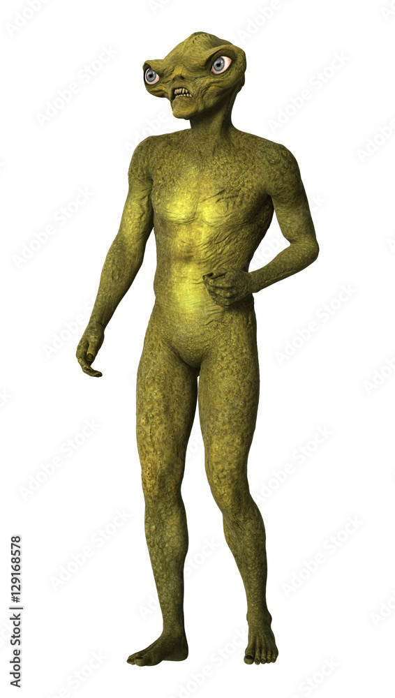 3D Rendering Green Alien on White 3D Rendering Green Alien on White