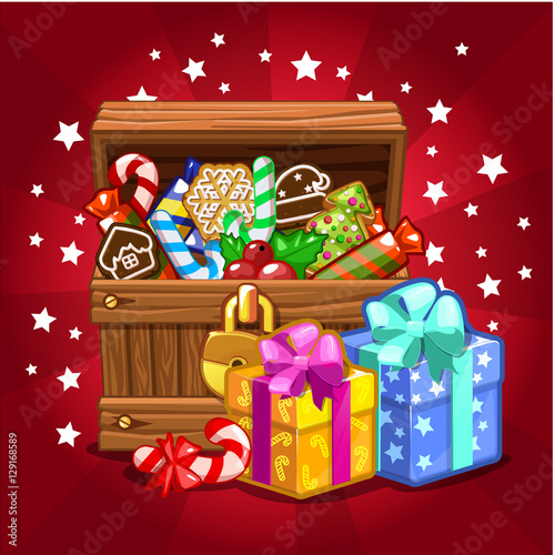 Open wood treasure chest with candy and cookies