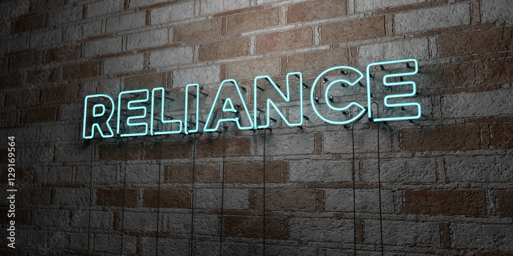 Naklejka premium RELIANCE - Glowing Neon Sign on stonework wall - 3D rendered royalty free stock illustration. Can be used for online banner ads and direct mailers..