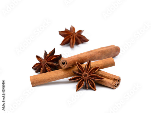 Fragrant anise and cinnamon isolated on white background