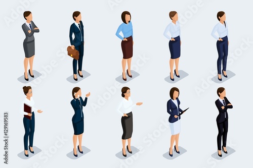 Isometric set of elegant beautiful business woman in business clothing. Business woman doing a job. The modern style of a business woman. Vector illustration