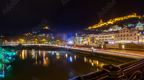 Aerial night view of Old Tbilisi  Georgia with Illuminated churc