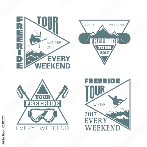 Set of logos  "Freeride Tour" a snowboard and on skis.