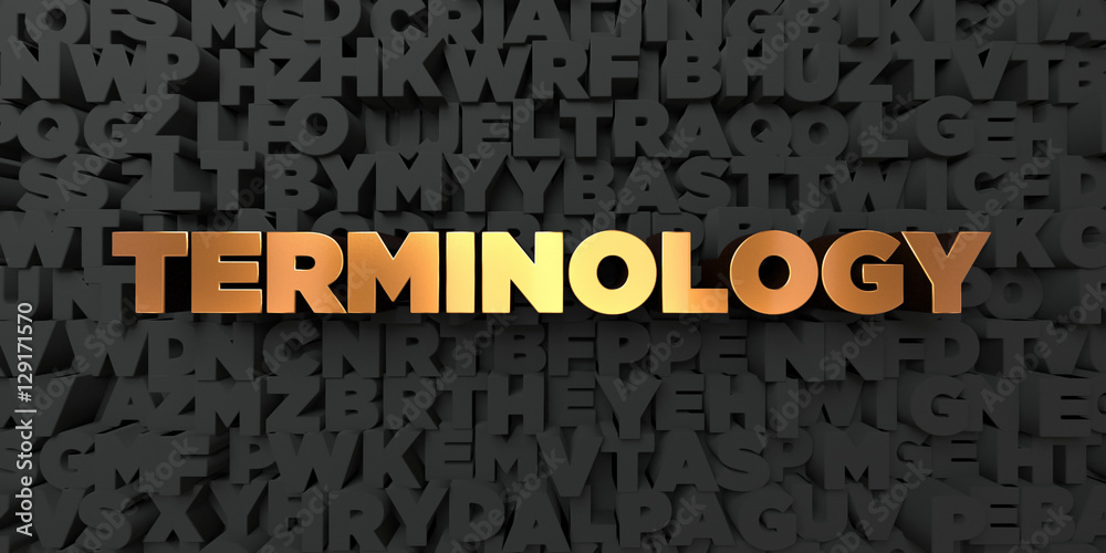 Terminology - Gold text on black background - 3D rendered royalty free stock picture. This image can be used for an online website banner ad or a print postcard. - obrazy, fototapety, plakaty 