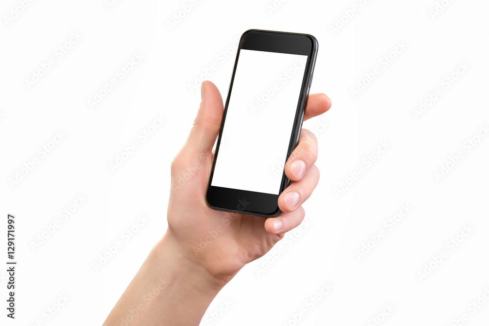 Mockup of male hand holding black cellphone isolated Mockup of male hand holding black cellphone isolated