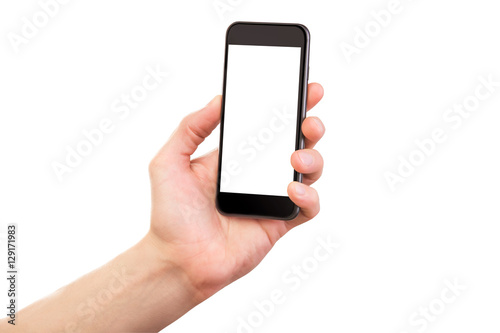 Mockup of male hand holding black cellphone isolated