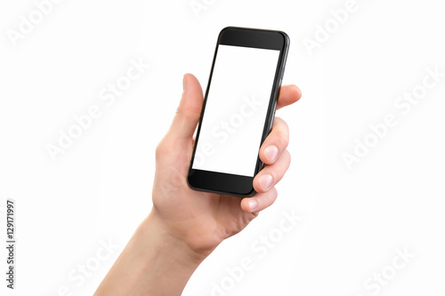 Mockup of male hand holding black cellphone isolated 