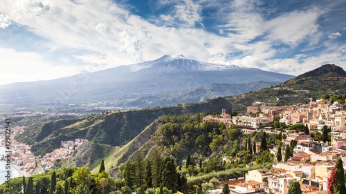 Scenic view of Etna Mount from Taormina, Sicily, Italy, Europe.