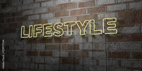 LIFESTYLE - Glowing Neon Sign on stonework wall - 3D rendered royalty free stock illustration. Can be used for online banner ads and direct mailers..