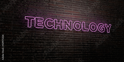 TECHNOLOGY -Realistic Neon Sign on Brick Wall background - 3D rendered royalty free stock image. Can be used for online banner ads and direct mailers..