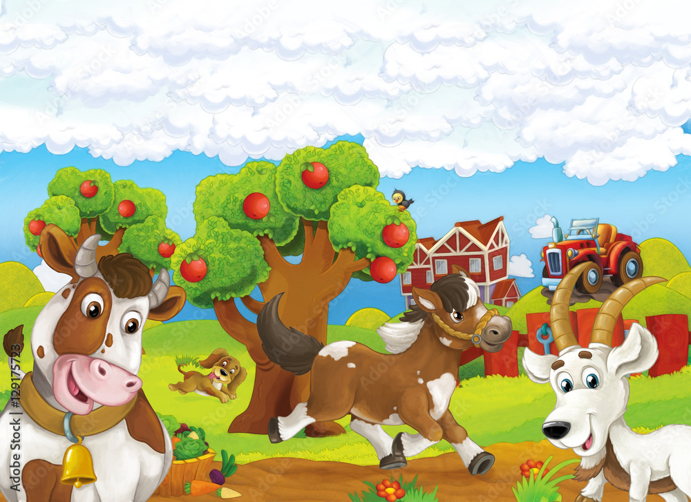 Naklejka premium Cartoon farm happy scene with running horse dog and standing cow and goat - illustration for children