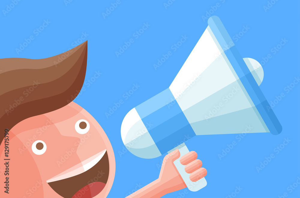 Fototapeta premium Cartoon businessman character with megaphone. Business vector illustration