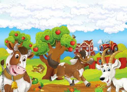 Fototapeta Naklejka Na Ścianę i Meble -  Cartoon farm happy scene with running horse dog and standing cow and goat - illustration for children