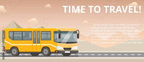 Time to travel. Flat vector yellow bus goes on the highway in the desert. 