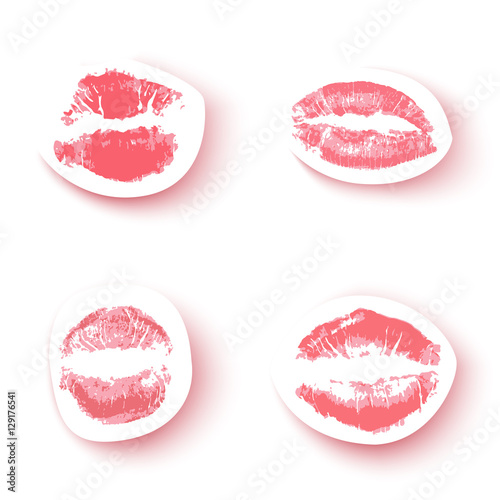 Red lips print on white paper with realistic shadow