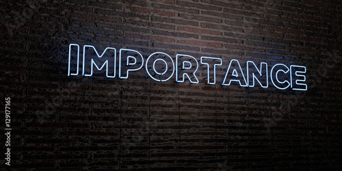 IMPORTANCE -Realistic Neon Sign on Brick Wall background - 3D rendered royalty free stock image. Can be used for online banner ads and direct mailers..