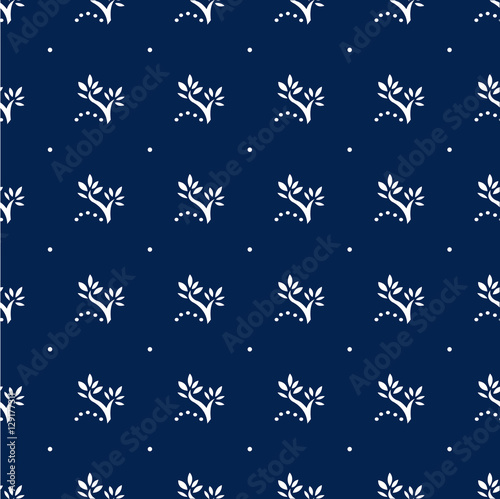 Navy Blue Floral Seamless Pattern with Polka Dots