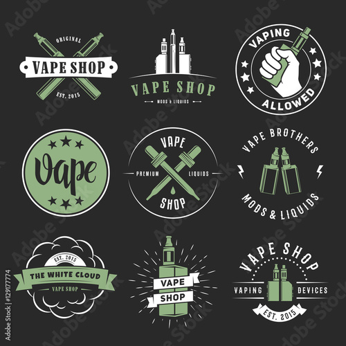 Vape labels. Vector e-cigarette logos for vape shop, lounge or bar. Smoking devices, liquids, mods and accessories.