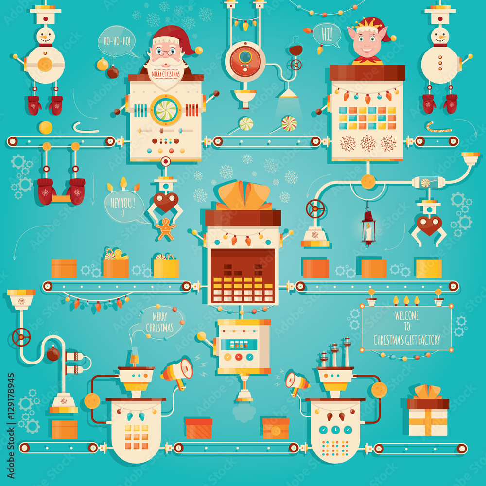 Modern vector illustration of Christmas gifts factory. Industry of new year celebration.
